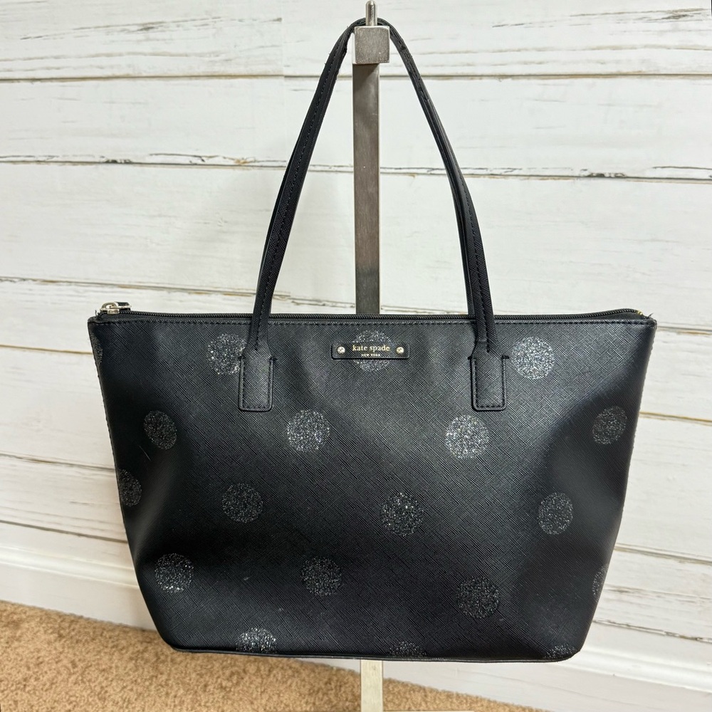kate spade Black Shoulder Tote with Silver Glitter Polka Dots